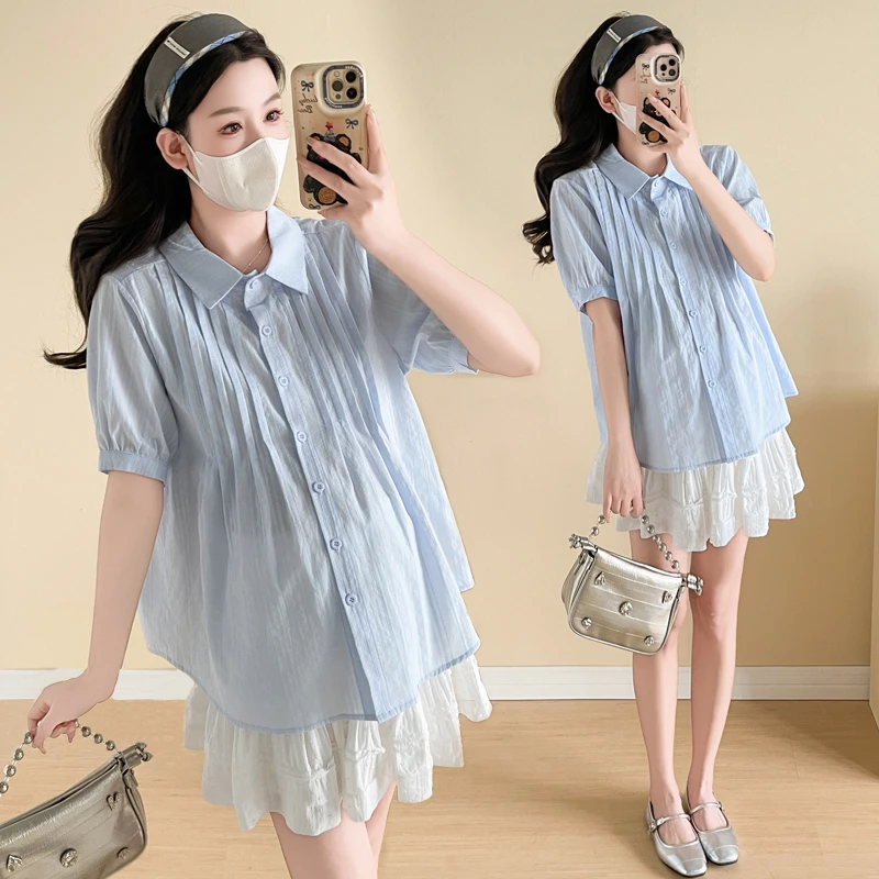 孕妇衬衣夏季新款中长款提花百搭小清新时尚款孕妇上衣