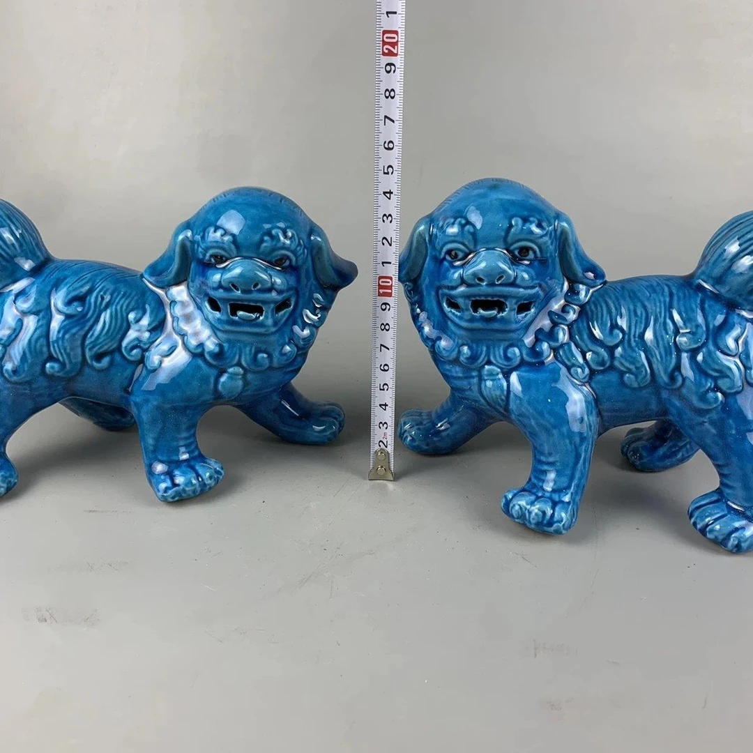 陶瓷摆件宝石釉色瓷器摆件蓝釉狮一对杂项瓷器家居摆件蓝色创意