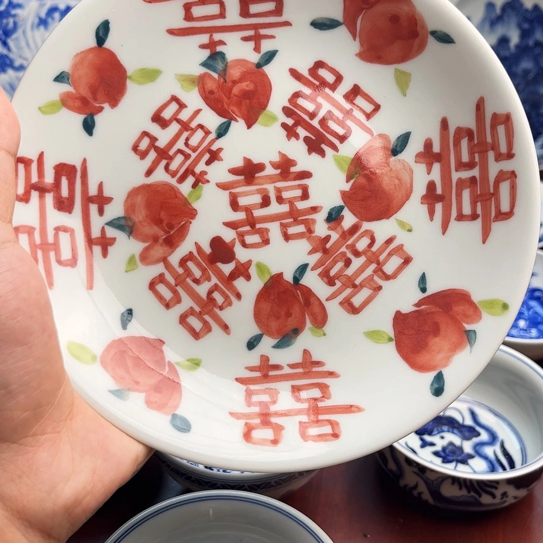 ?**虫景德镇手绘陶瓷喜桃壶承