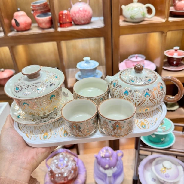 金银错送礼敦煌汝窑陶瓷泡茶壶家用高档一壶三杯加盖碗带盘A13346