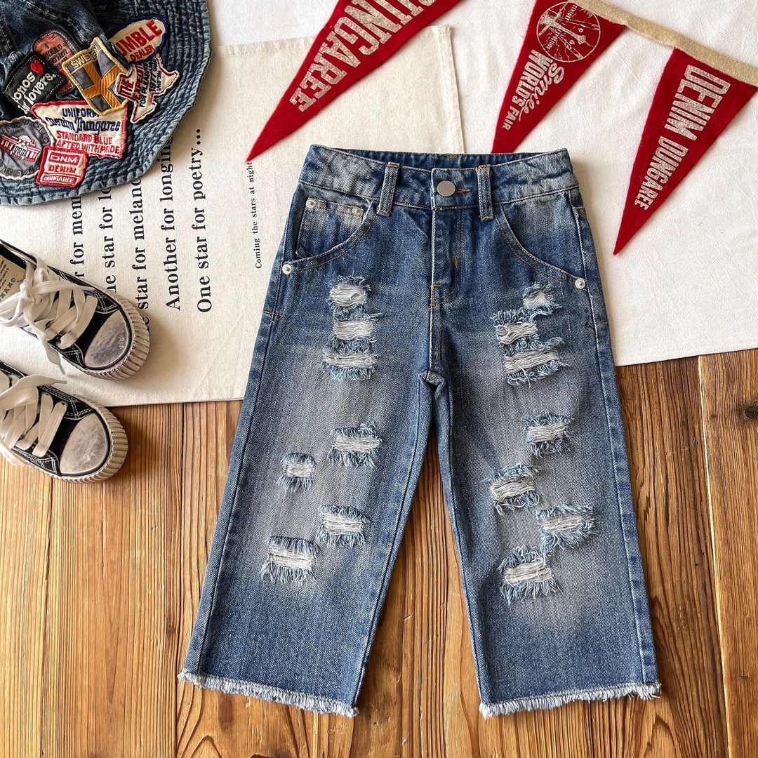 日系童装中古小众儿童破洞薄款夏季阔腿牛仔裤做旧牛仔裤裤子