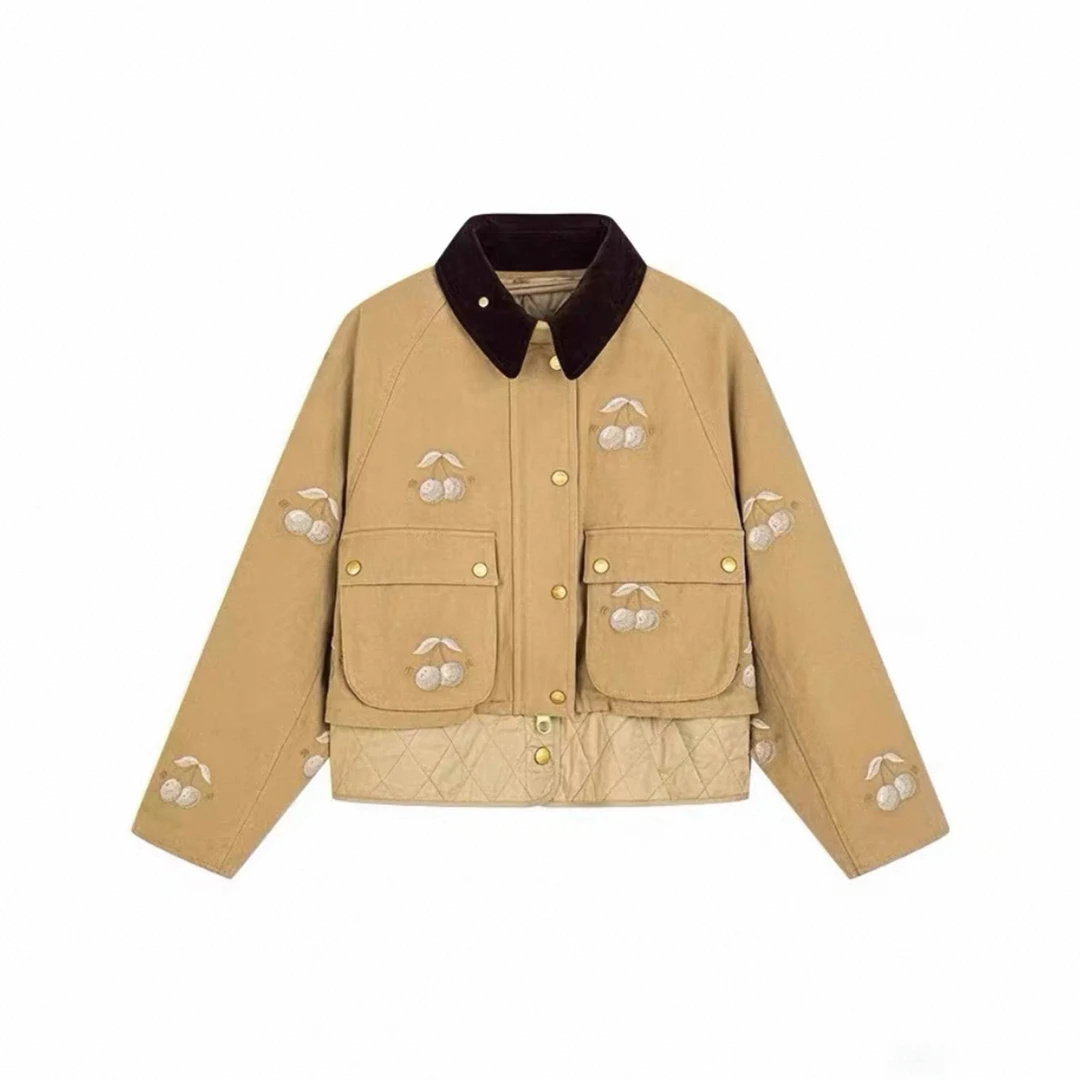 CHEN23美拉德老钱风高级感时尚工装樱桃刺绣翻领短款外套2410333