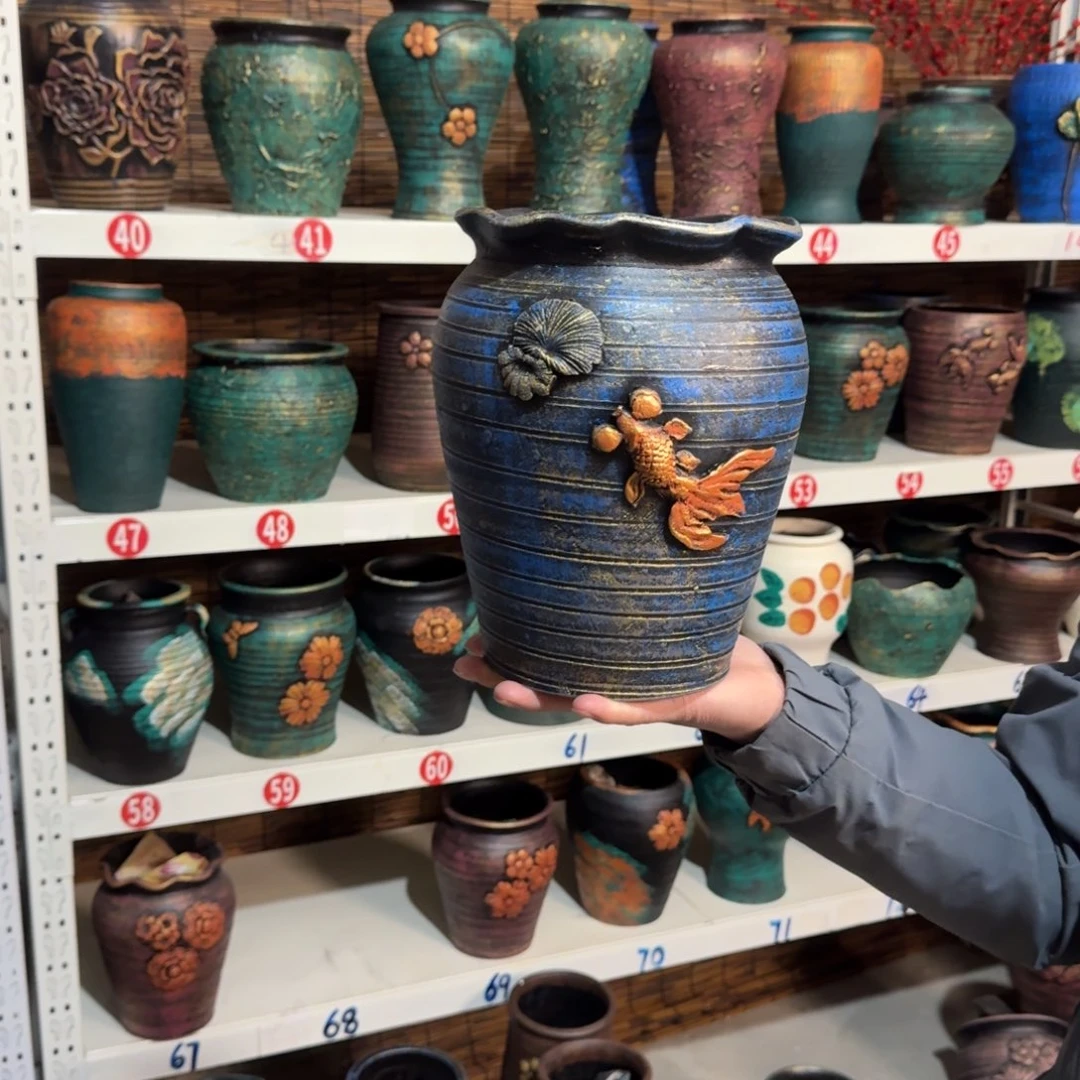 红陶红陶浮雕花盆炸炸炸