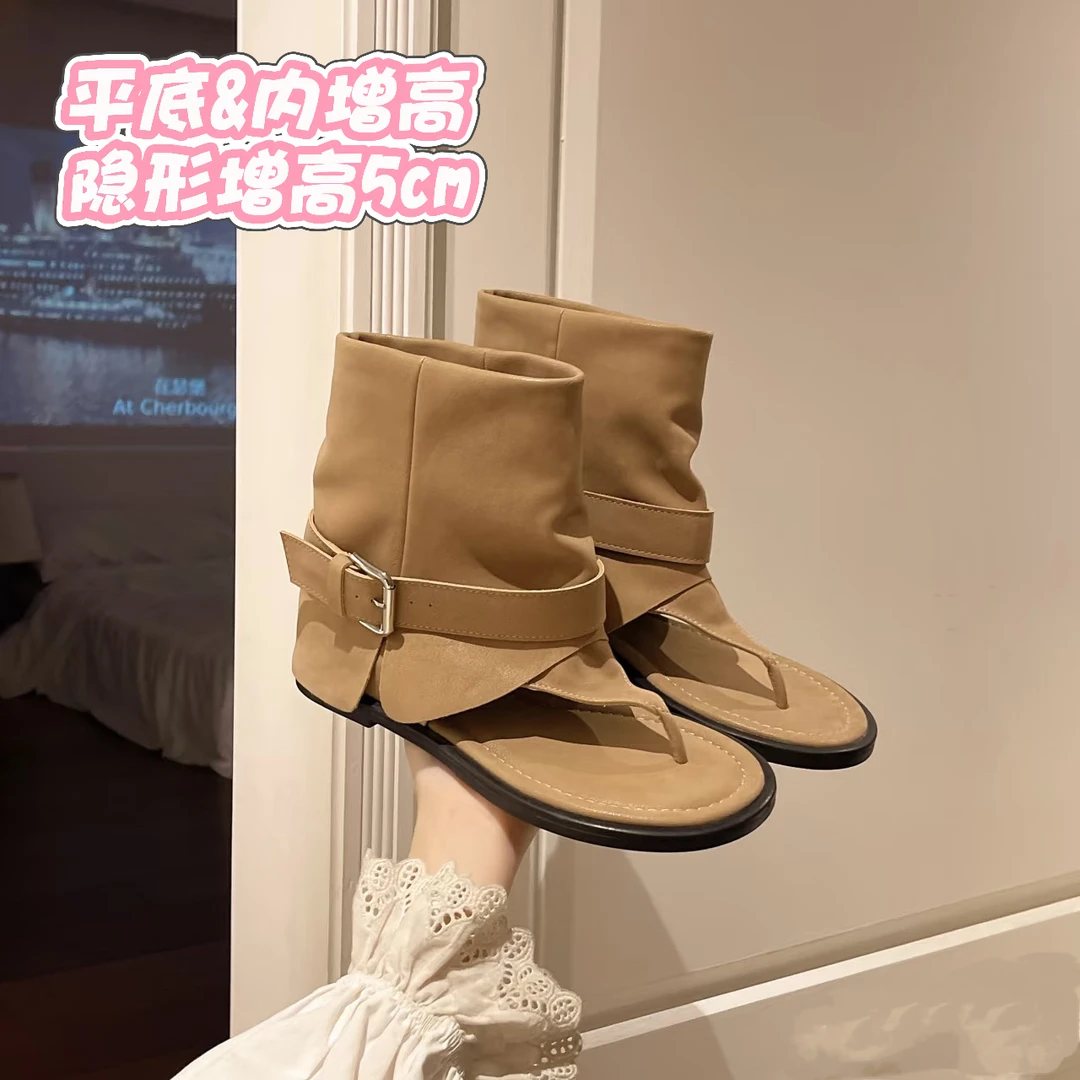 葡萄夏季妈平底时髦辣妹圆头夹趾扣带外穿裤管短筒凉靴女夏筒靴