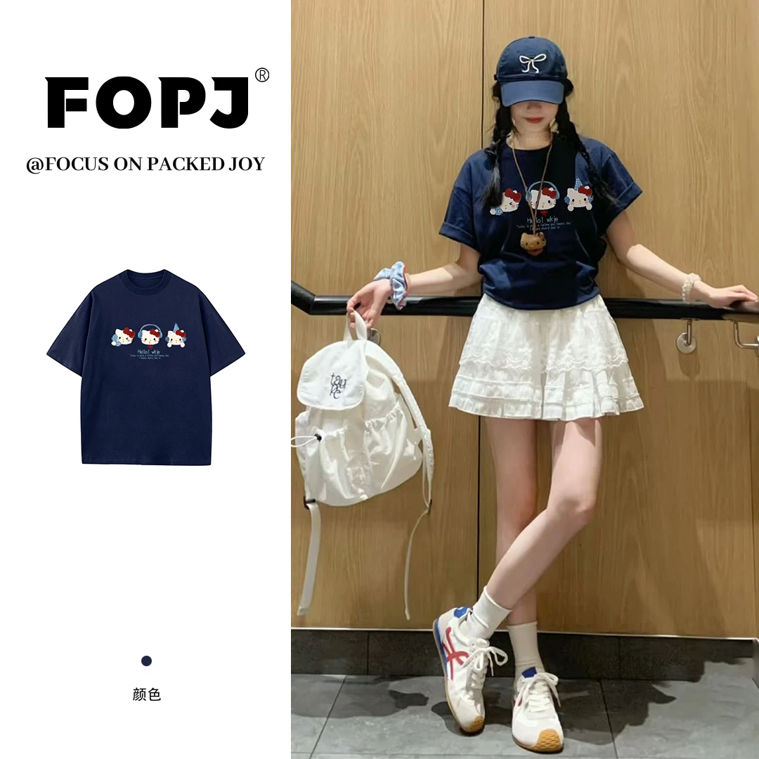 FOPJ夏季新款设计感韩版卡通kitty慵懒风短袖t恤女百搭显瘦上衣潮