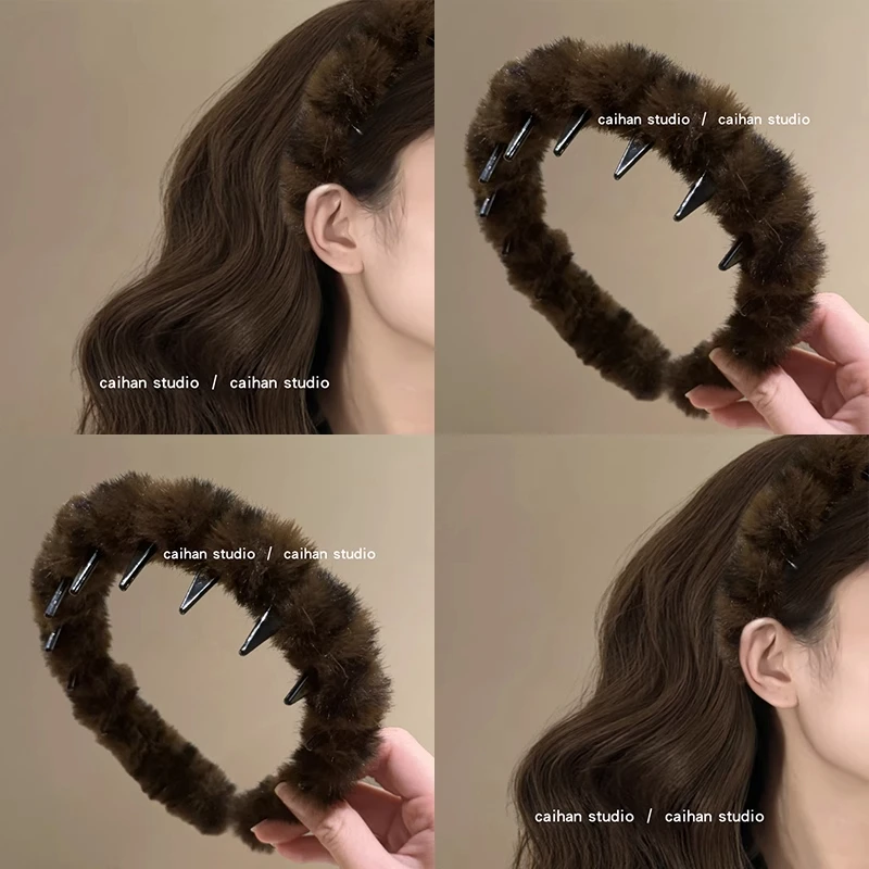 豹系学姐~毛绒绒豹纹波浪发箍高颅顶韩系带齿头箍洋气发夹盘发器