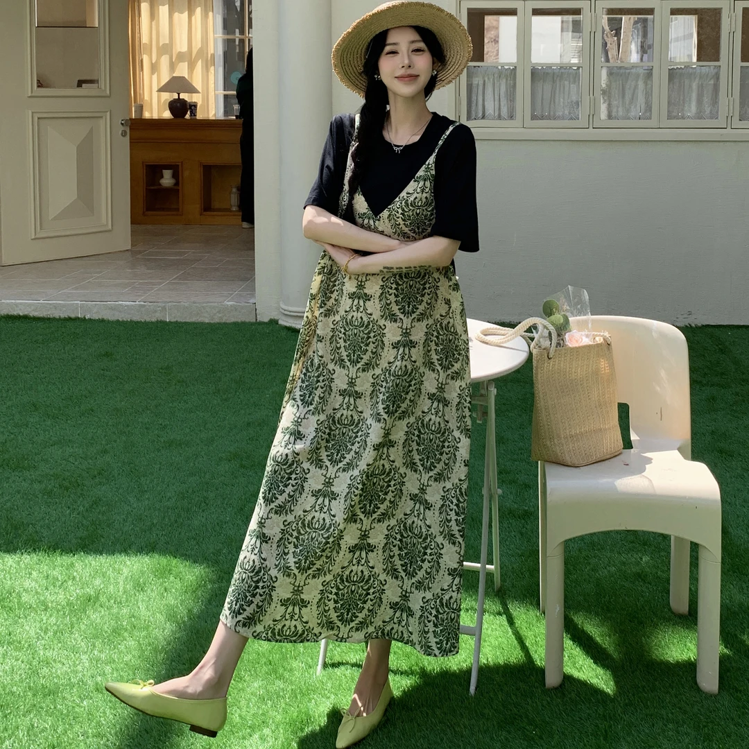 2025夏新款/绿色仙踪吊带假两件拼接连衣裙女大码裙子