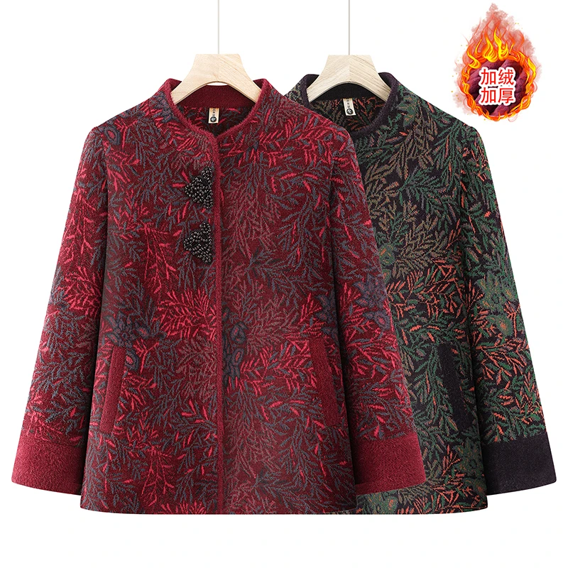 奶奶冬装加厚保暖外套中老年女妈妈毛呢上衣老太太宽松加绒上衣