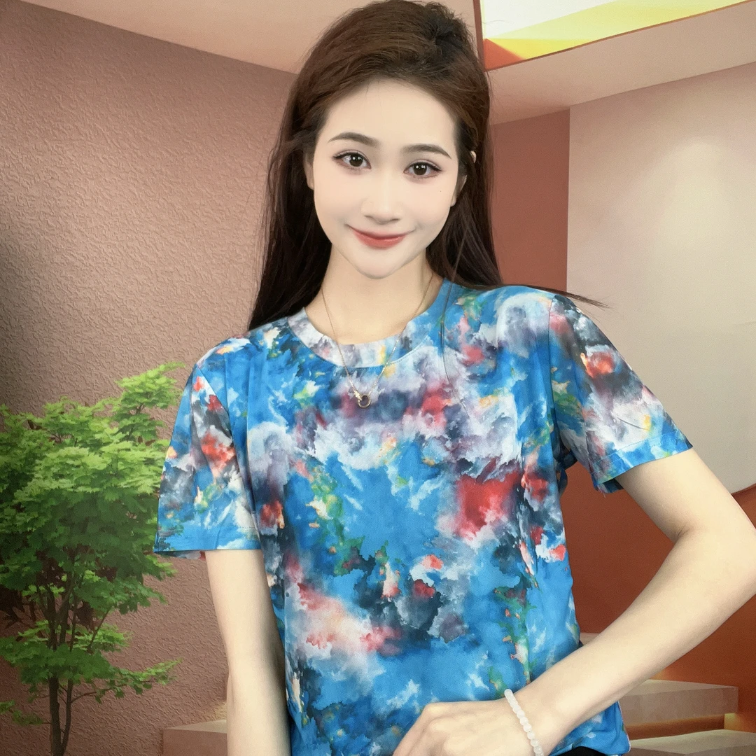 2025夏季新款短袖圆领肌肤纱时尚显瘦印花T恤上衣A312