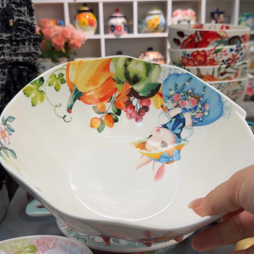 陶瓷10英寸南瓜兔花边汤盆一只
