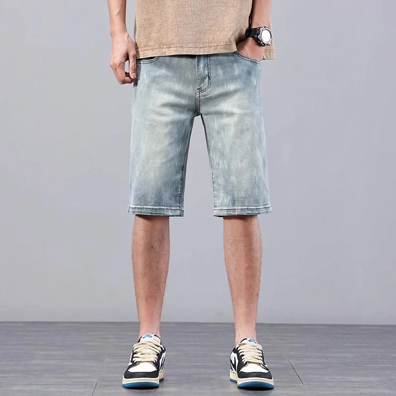 One What潮流印花宽松弹力中裤薄款男款牛仔短裤五分裤中裤夏天