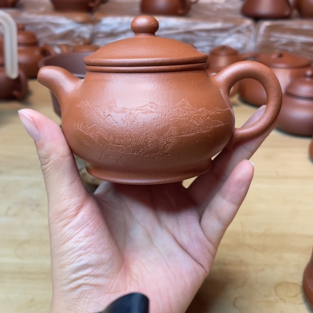 茶杯紫砂潘壶 清水泥 刻绘