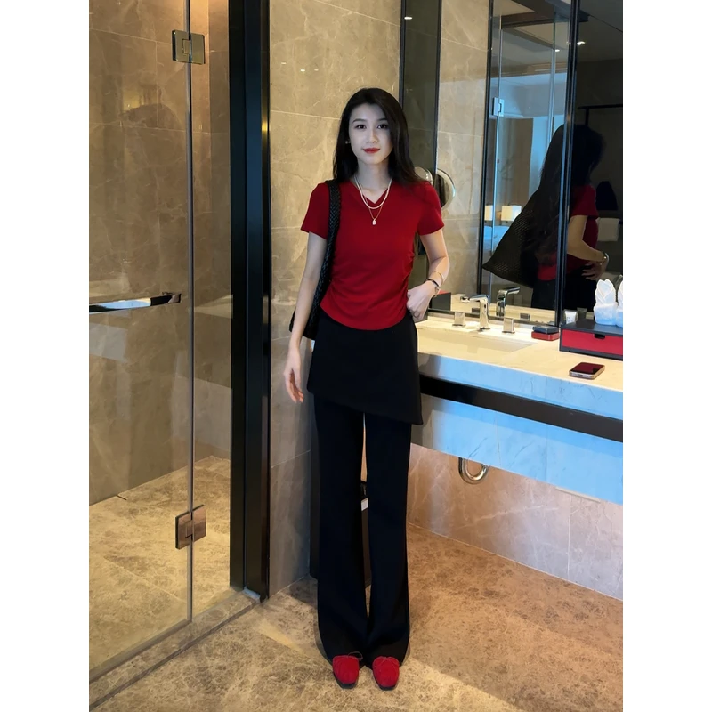 夏季新款小腰精T恤+时尚假两件微喇裤套装