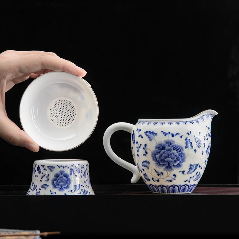 新中式青花羊脂玉白瓷公道杯过滤茶漏功夫茶具单品配件茶海分茶器