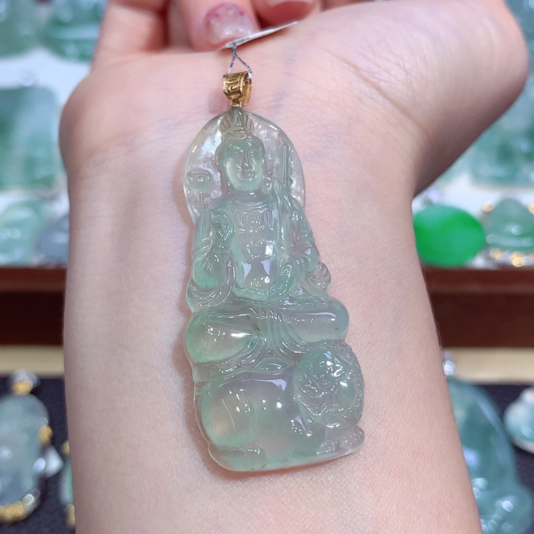 吊坠(不含链)18K金镶嵌翡翠天然缅甸A货翡翠揭阳工文殊菩萨