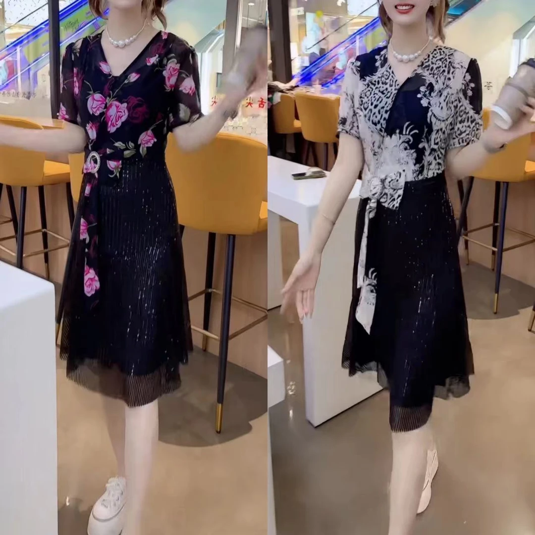 拼接时尚显瘦短袖中长裙夏季连衣裙网红碎花V领裙子1030