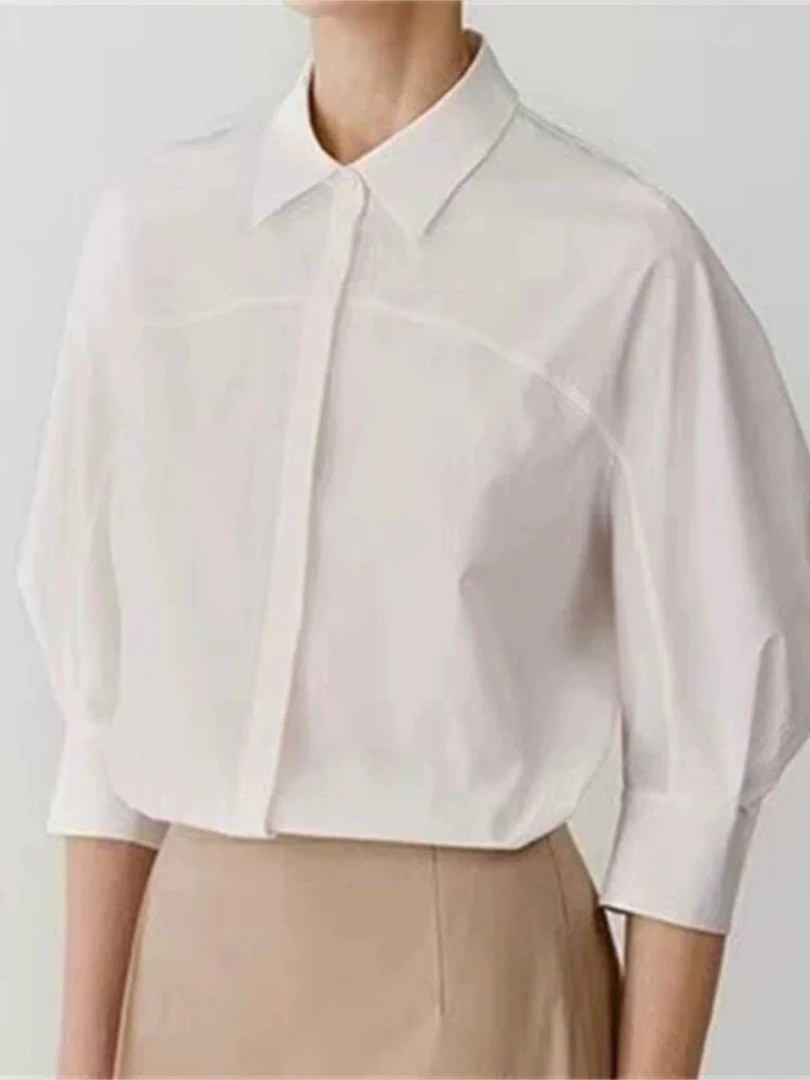 D-1058（禾）抗皱绸宽松法式气质白色衬衫6583