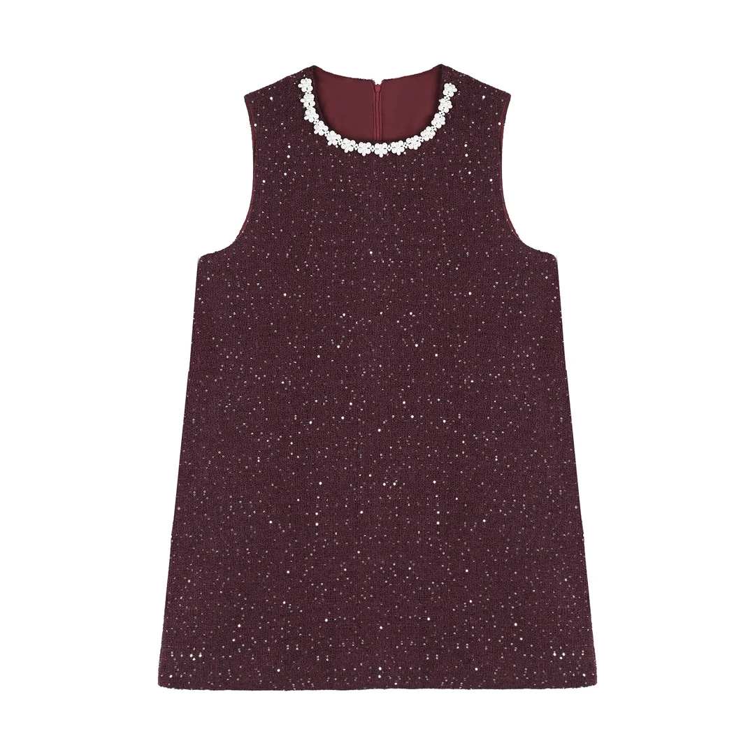 【45号】DW小香风气质马甲大码秋冬新款重工钉珠亮片连衣裙#TC30006