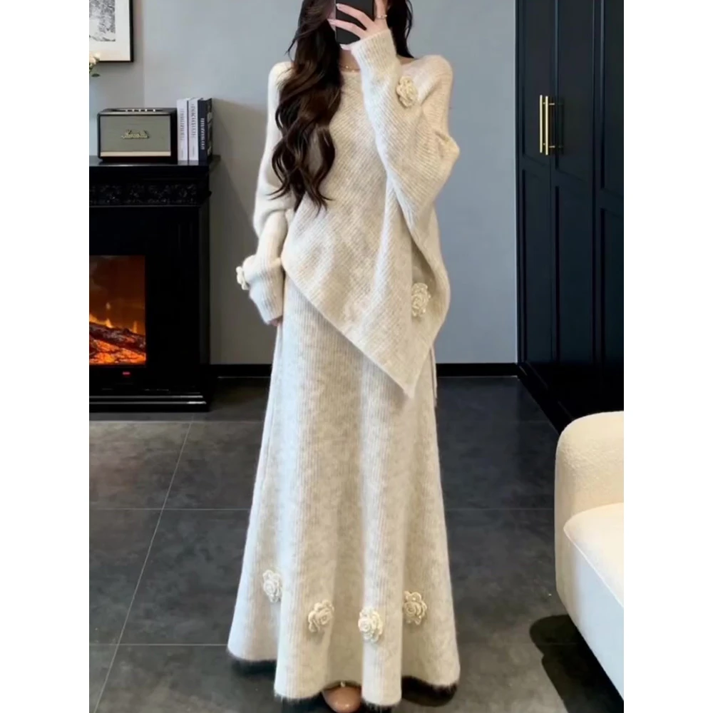 2025法式温柔风立体花朵针织套装女秋冬氛围感气质毛衣两件套