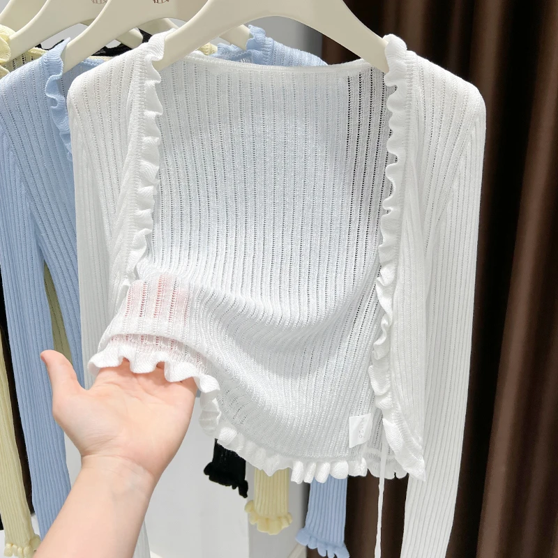 白色荷叶边设计长袖配裙子的外搭短款防晒冰丝开衫女新款针织罩衫