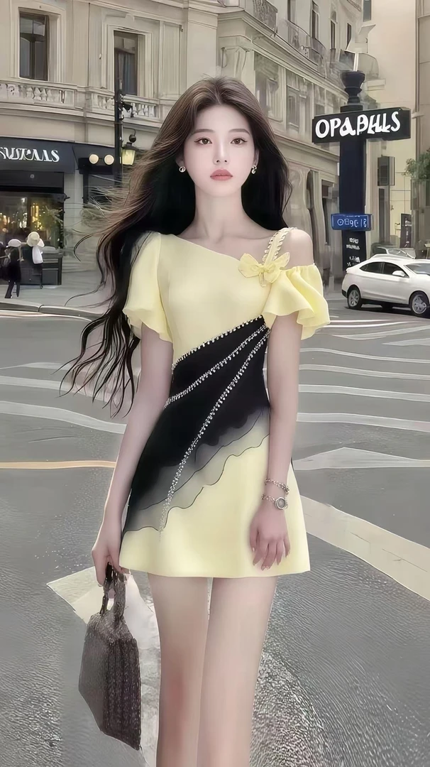 夏季新款时尚温柔风黄色斜领修身收腰短袖气质连衣裙女氛围感女装