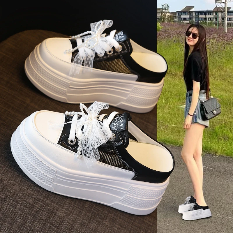 厚底增高8.5厘米懒人一脚蹬包头拖鞋女2025春夏季新款松糕小白鞋