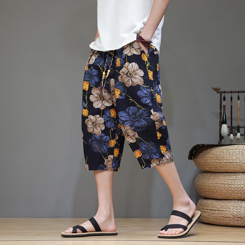 棉麻透气花短裤男士外穿沙滩中裤中国风夏季薄款宽松直筒七分裤