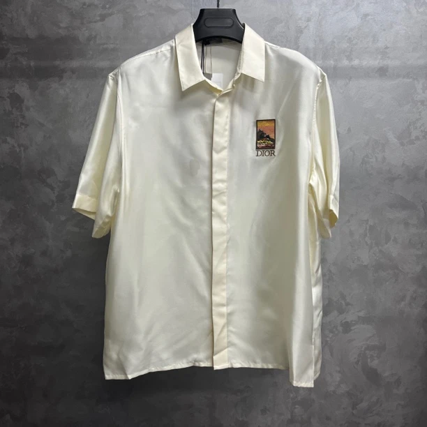 未使用 DIOR/迪奥 灰白色字母风景图案刺绣单排扣短袖衬衫/41