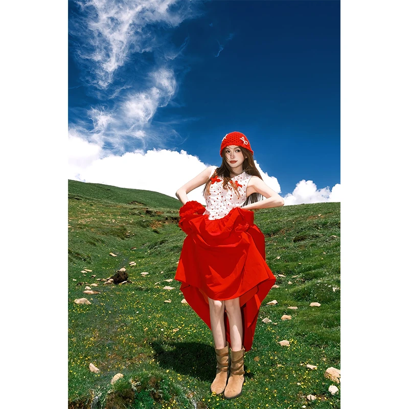 多巴胺穿搭女衣服无袖波点衬衫背心上衣红色高腰梨形半身裙伞裙