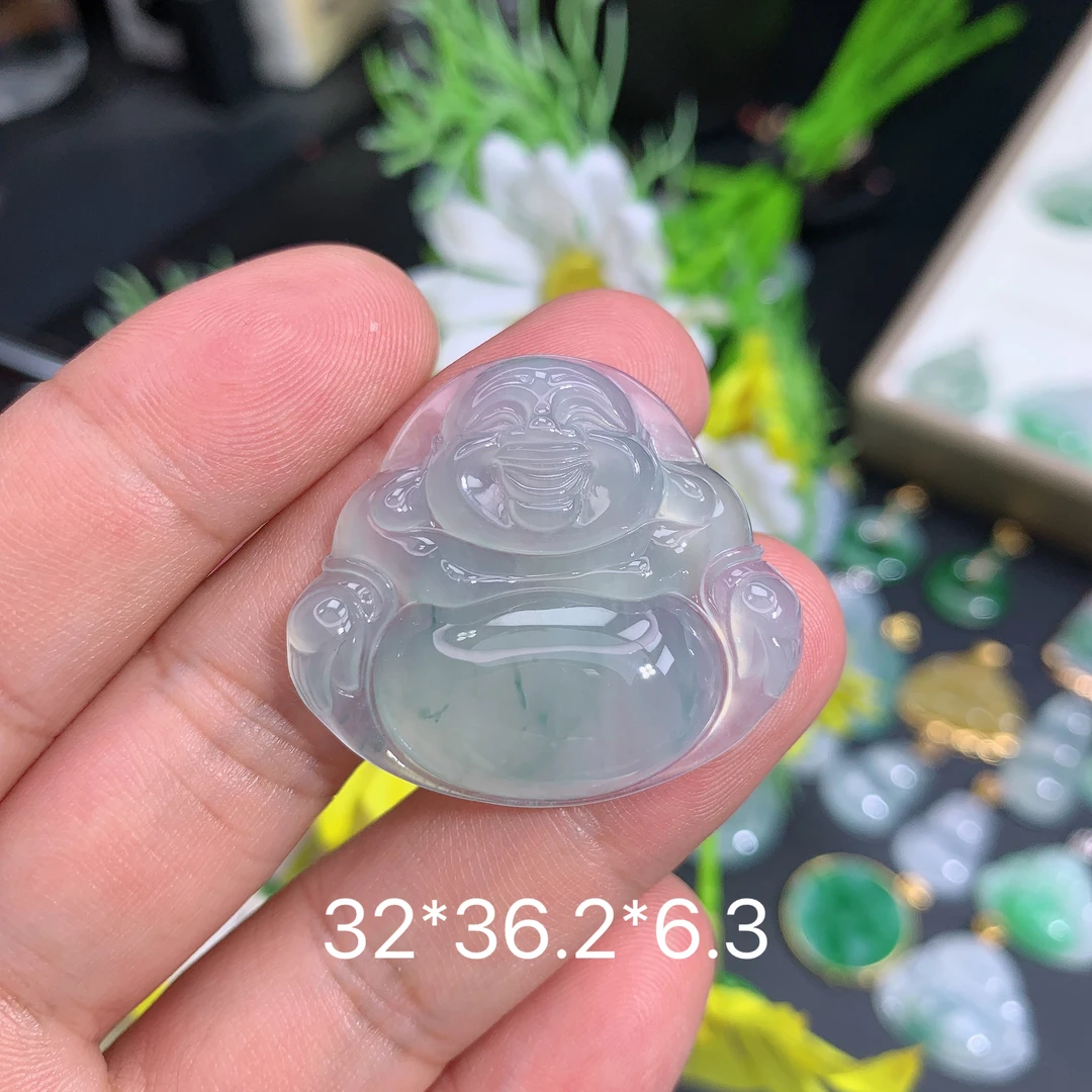 缅甸翡翠A货冰种飘花佛公品吊坠种老水足气质百搭精雕精美百