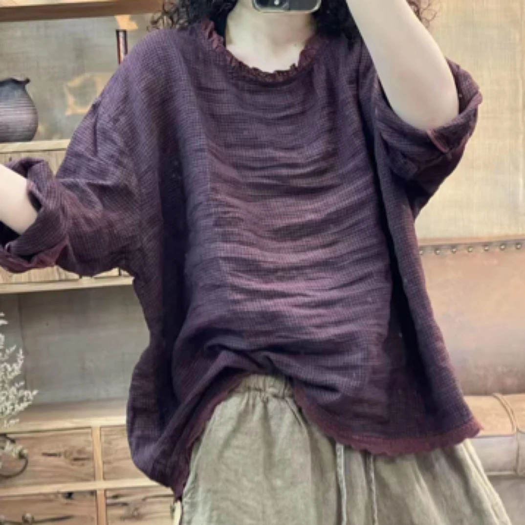 夏季亚麻炒色细格花边木耳领休闲上衣(长63胸围140)