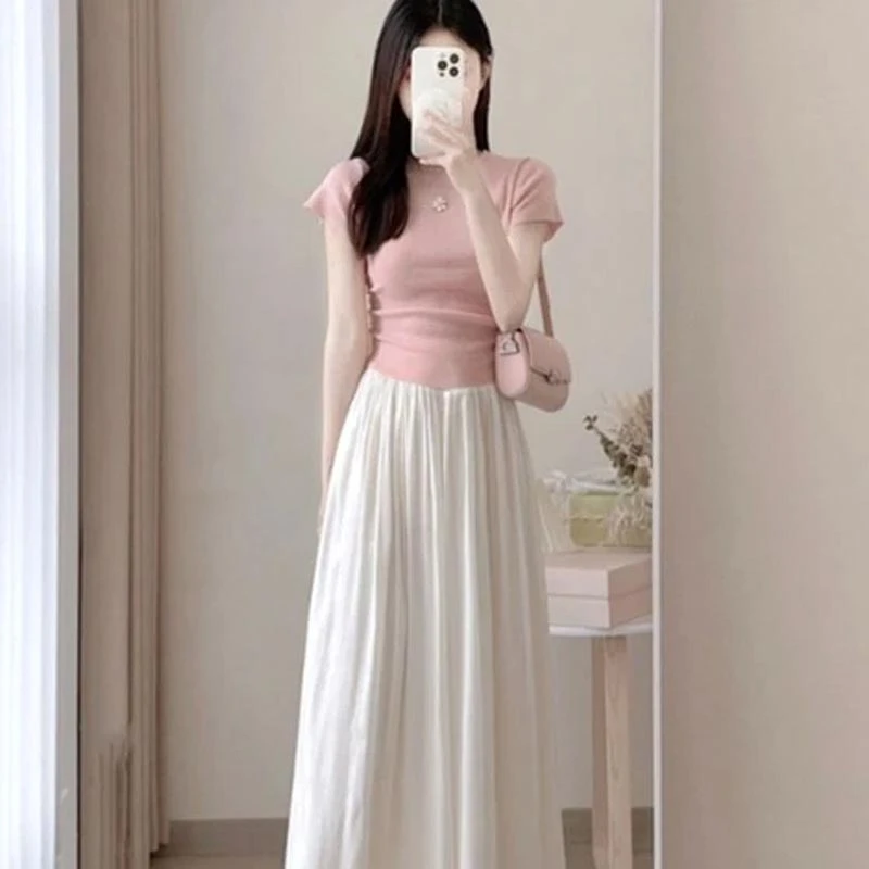 2025夏季韩式新款高级感粉色修身短袖上衣百褶半身裙小众两件套女