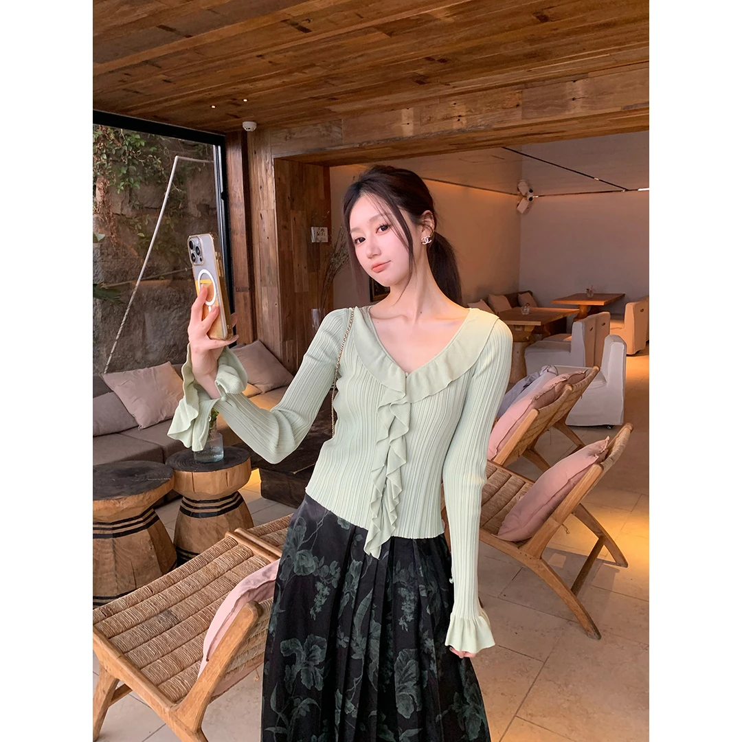 FORNI × YOYO 梦与风琴 荷叶边针织上衣春秋显瘦气质风长袖针织衫