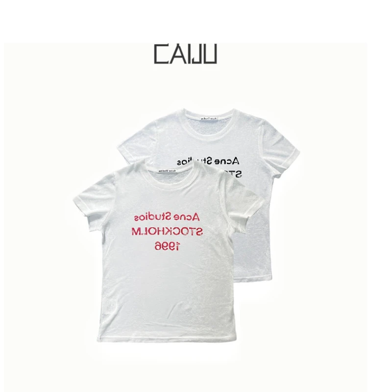 【CAIJU/2025】南油简约美式正肩棉麻做旧印花字母显瘦短袖T恤