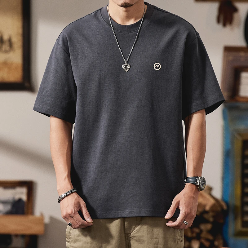 重磅圆领insT恤夏季男简约大码休闲纯色半袖复古百搭潮流宽松