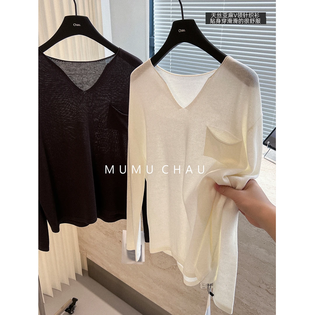 现货「MUMU CHAU」【随性时光】天絲亚麻宽松长袖V领针织上衣LQ58133