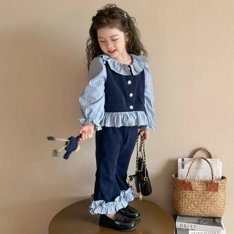 女童春秋套装新款儿童洋气时髦宝宝学院风衬衫微喇叭裤两件套秋季