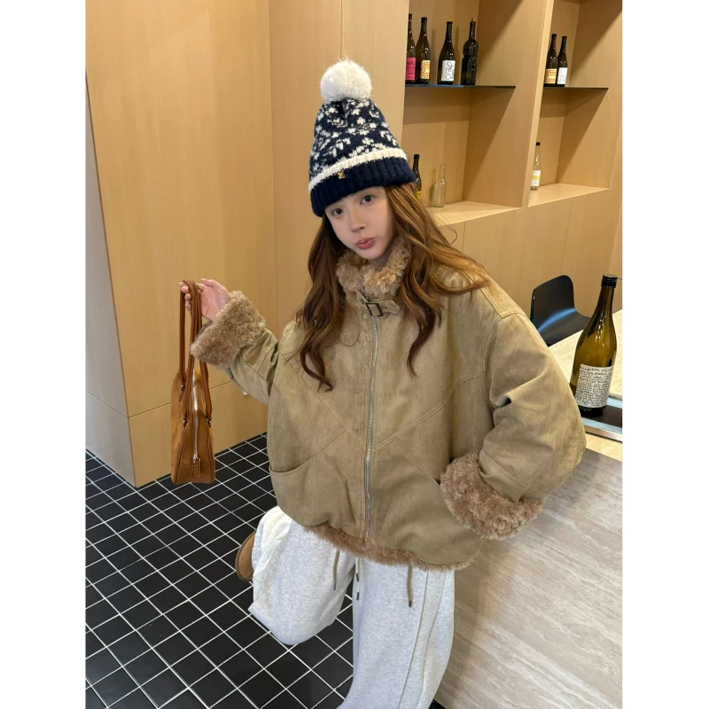NGGAI二店 韩系复古麂皮立领设计感毛毛拼接羽绒派克服