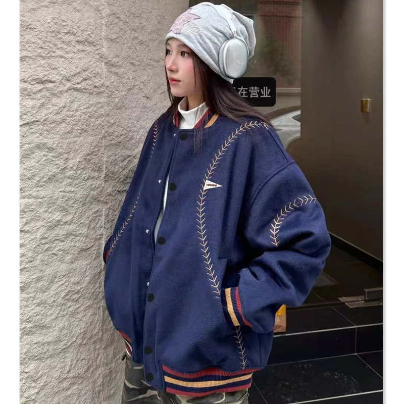 美式潮牌加厚棉衣男冬季夹棉刺绣棒球服外套情侣街头宽松百搭棉服