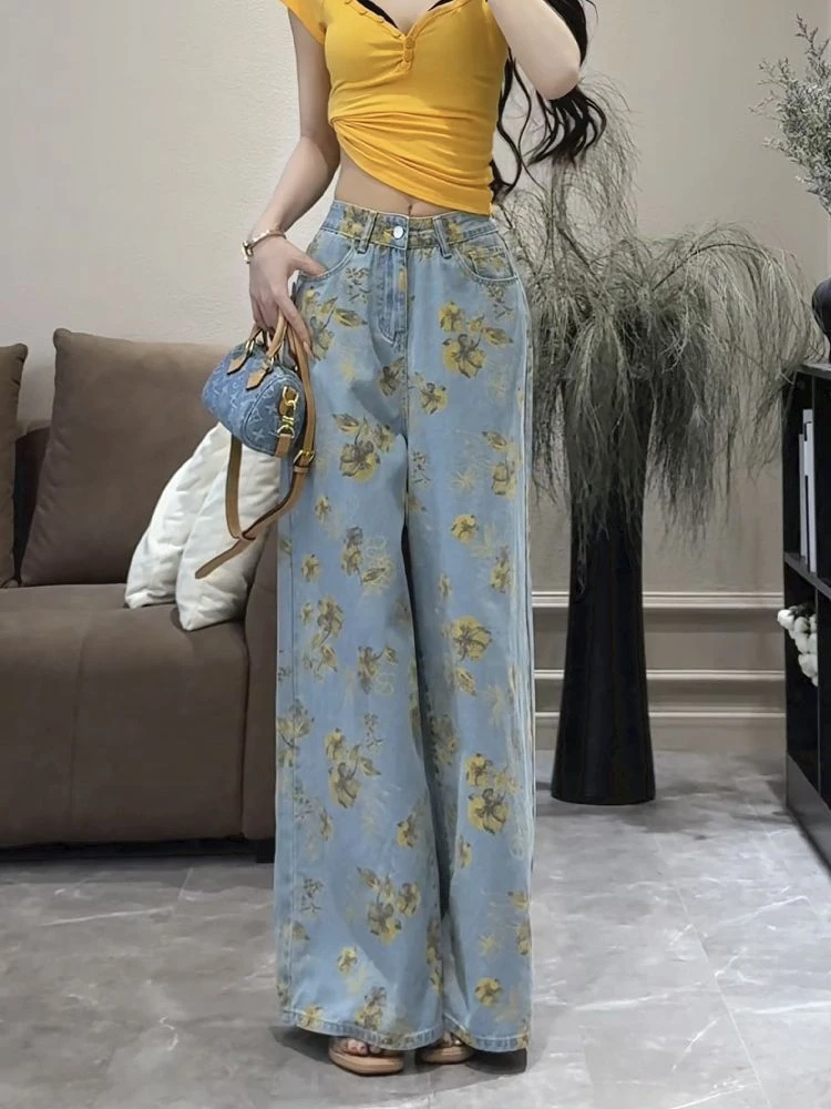 小个子浪漫黄碎花阔腿牛仔裤女夏季2025年新款高腰慵懒宽松堆堆裤