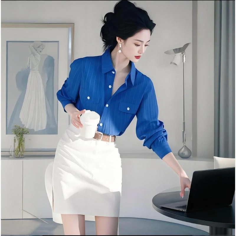 克莱因蓝polo领长袖衬衫女设计感小众独特别致超好看绝美上衣套装