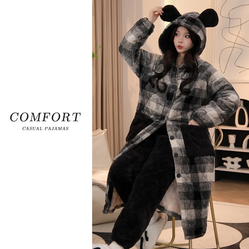 睡袍女秋冬季三层夹棉保暖加绒加厚珊瑚绒卡通连帽睡衣家居服套装