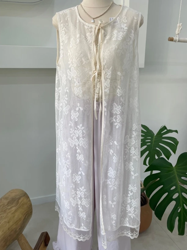 时尚洋气高级百搭无袖蕾丝绑带长款外搭6329