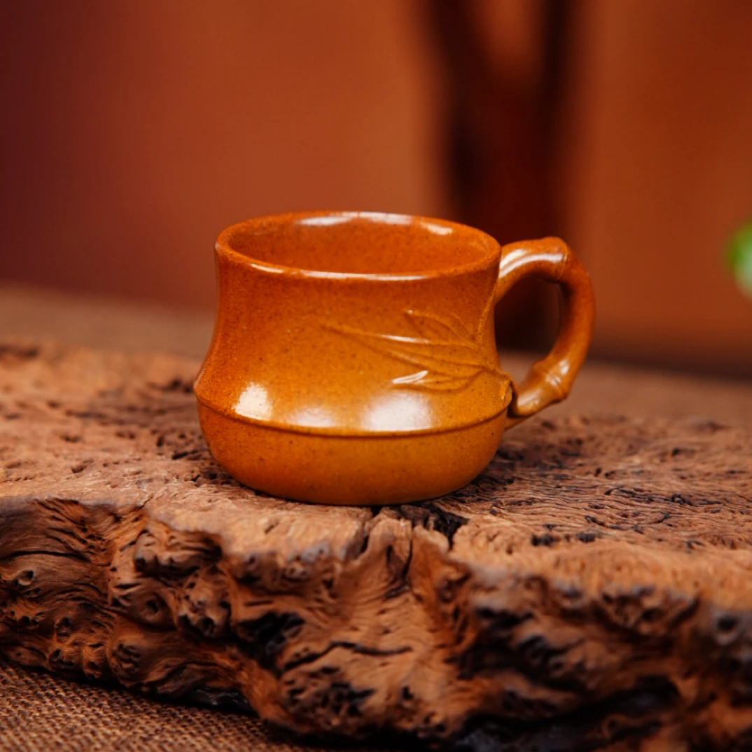 宜兴原矿紫砂茶具 全手工制作 花器竹叶紫砂直筒品茗杯