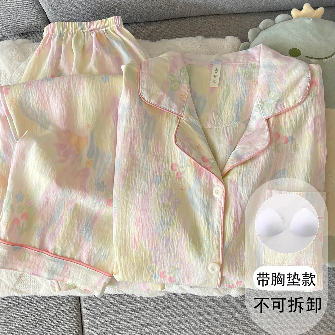 【胸垫版】长袖睡衣女款春秋季宽松日系甜美蝴蝶晕染家居服可外穿