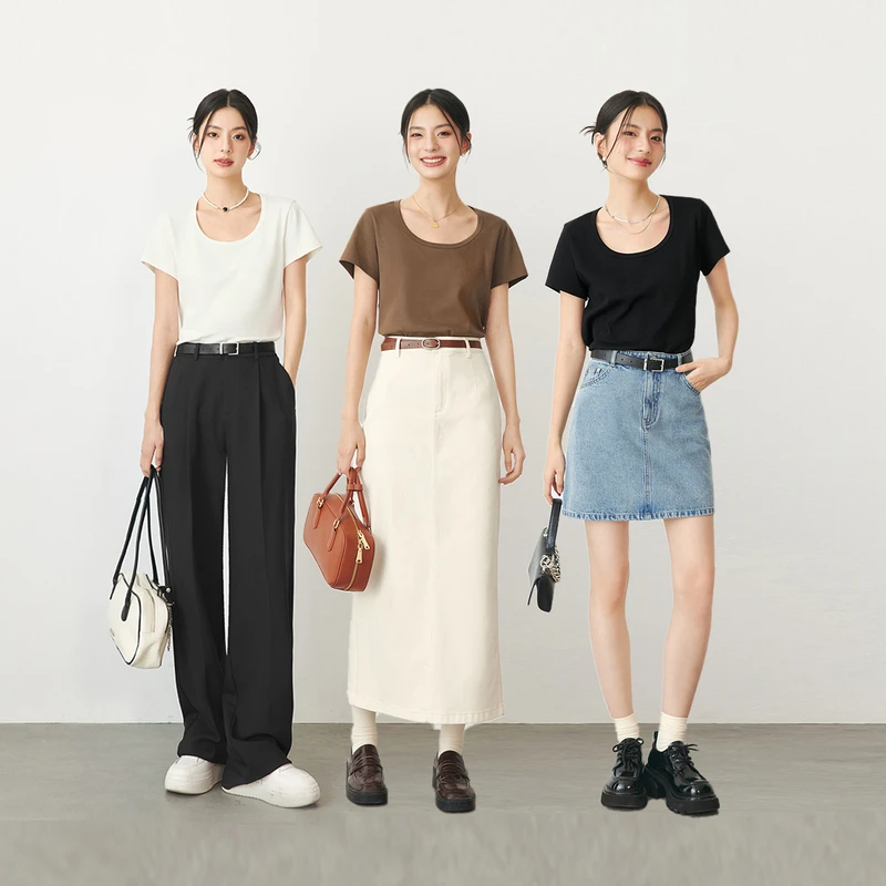 【SS系列】诗凡黎圆领韩系T恤新款条纹体恤u领短袖白色上衣