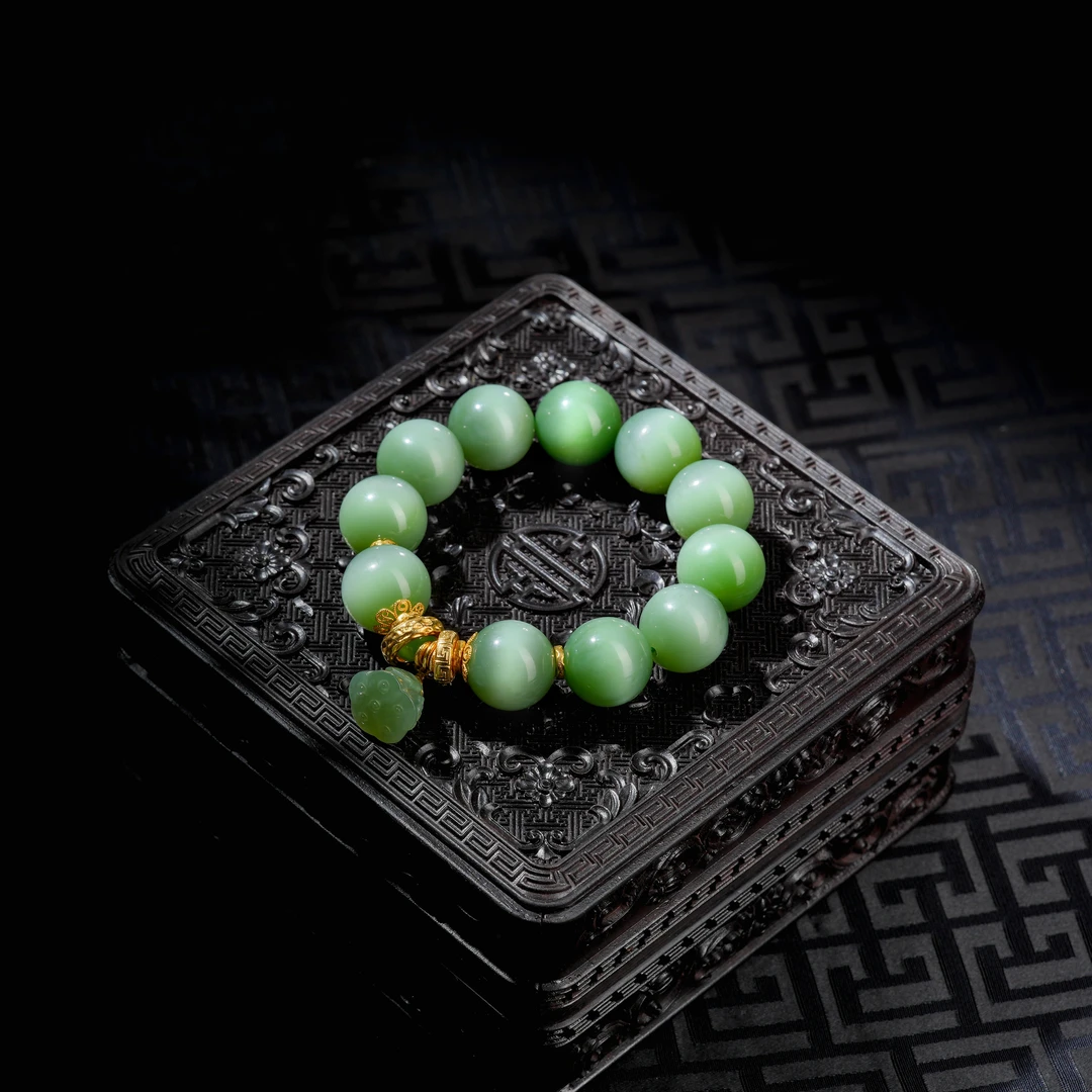 『博姐臻选』·望月丨和田玉碧玉老俄冰猫18K金传世级手串*S5370