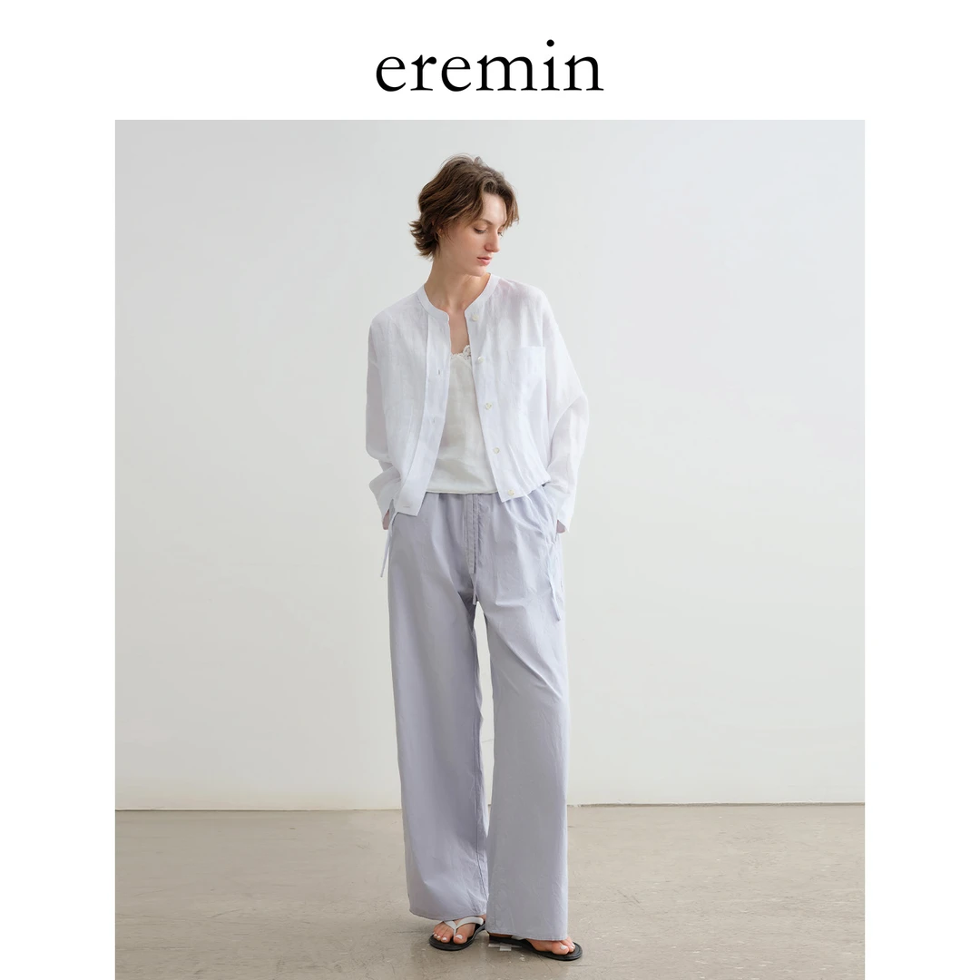 DE Mincollection灰泥裤/纸感棉定染石灰色松紧腰直筒休闲裤55686