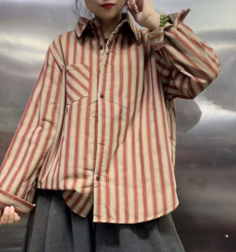 竖条压棉百搭翻领衬衣7277107