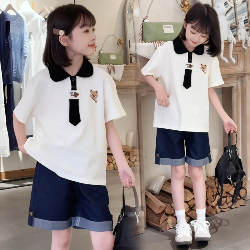 中大童学院风夏季女童休闲套装短袖T恤POLO衫牛仔裤中裤两件套潮
